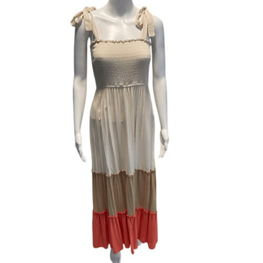 Signify Smocked Colorblock‎ Maxi Dress Tie Straps Coral Beige Size M